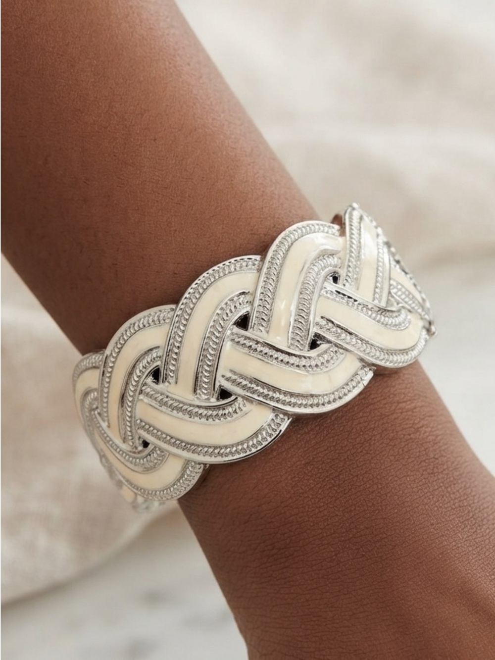 Chunky Braided Cream and Silver Tone Hinged Bracelet